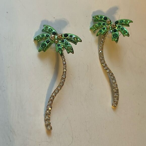 Sugarfix Green and gold tone palm tree rhinestone dangle statement earrings - Picture 1 of 9